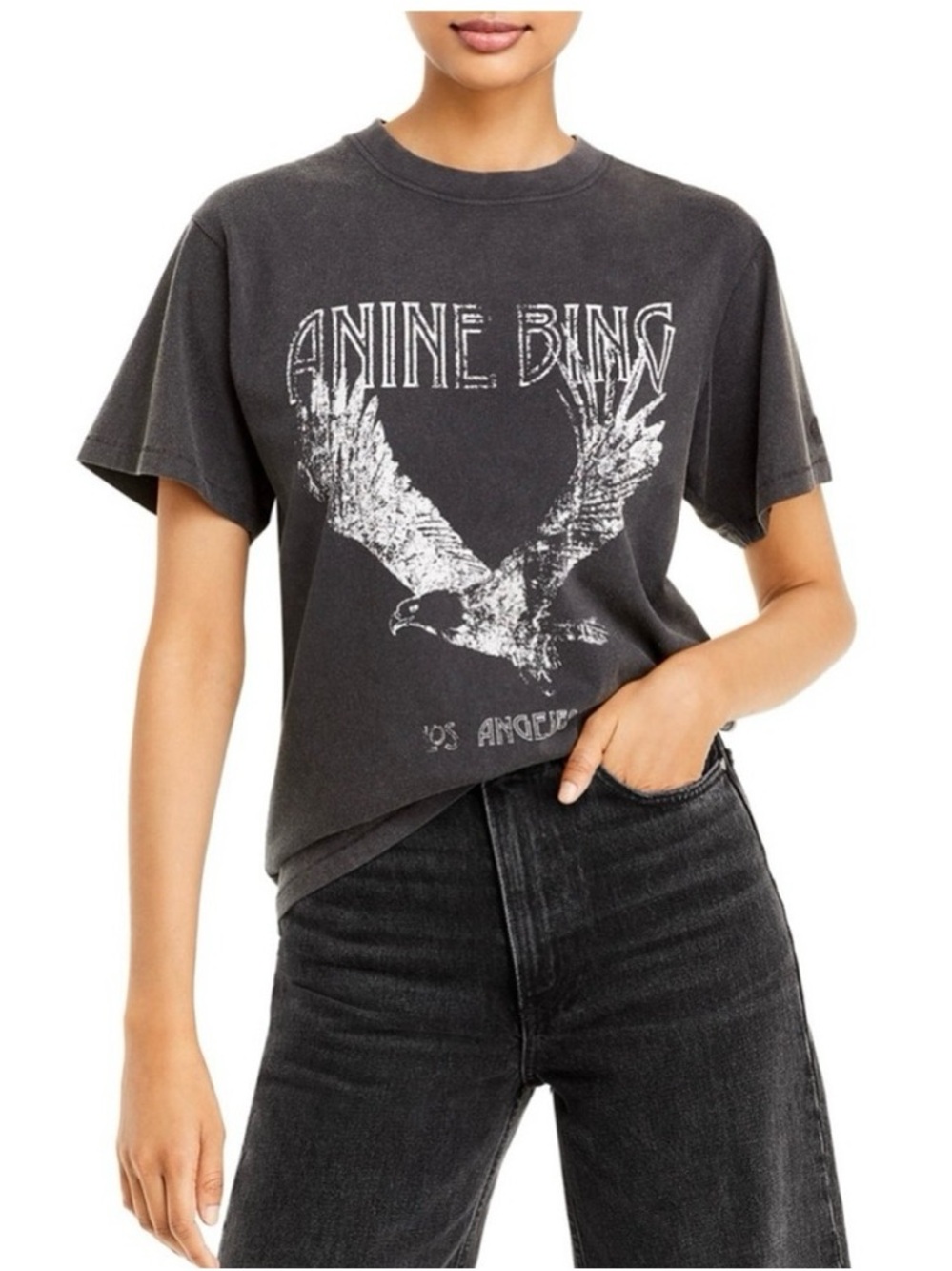 Anine Bing Distressed Black Eagle Graphic Tee